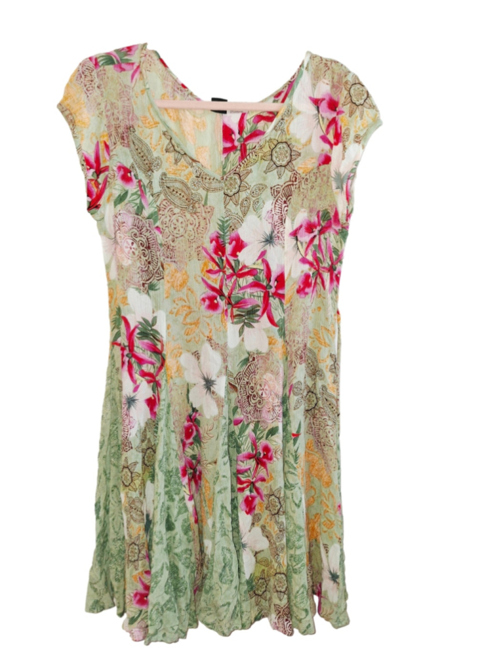 Vintage Bila Floral Dress Size S Green Pink Cap Sleeve resortcore beach
